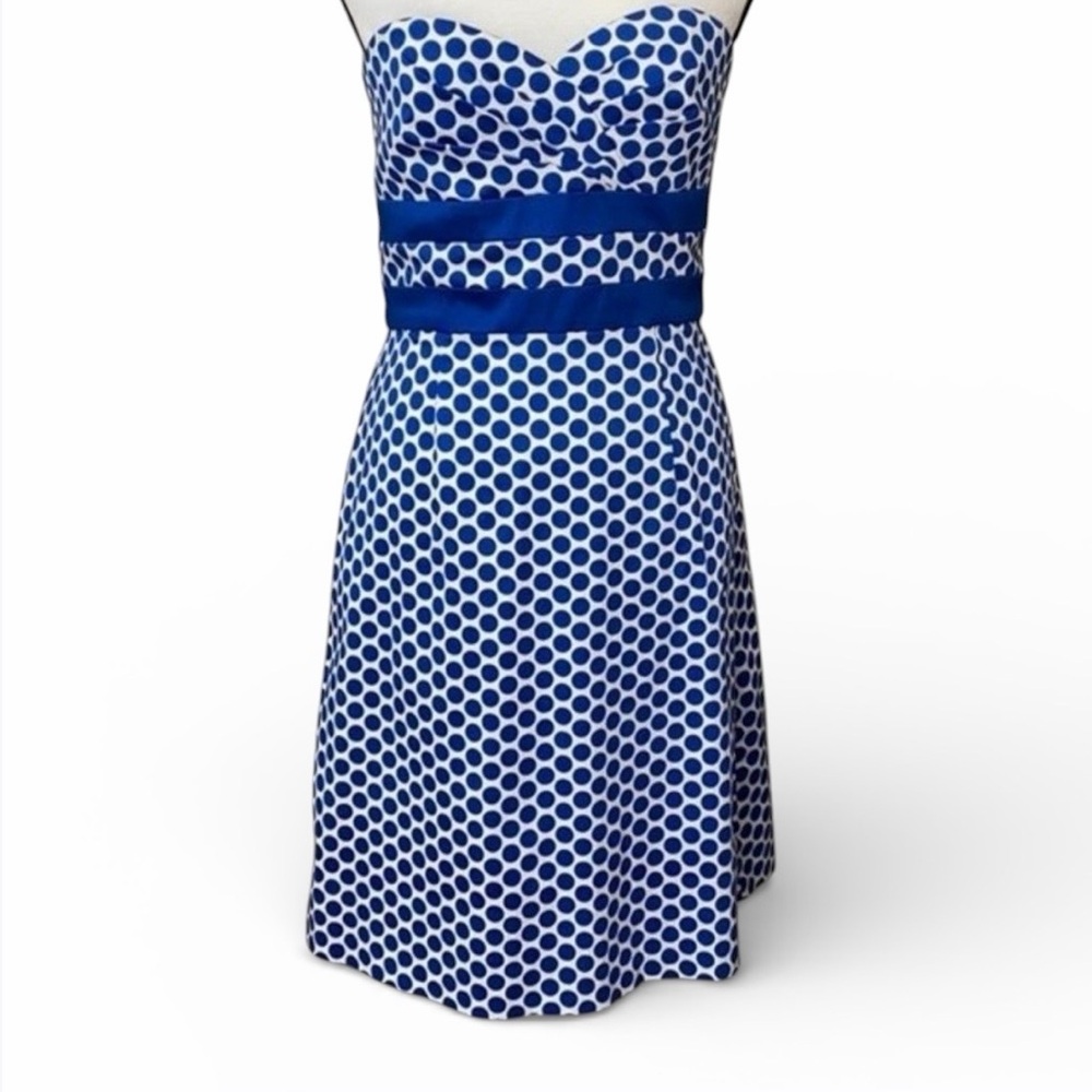 Donna Ricco Blue and White Strapless Polka Dot Dress